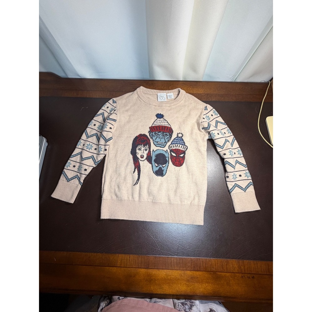 Disney 100 Marvel Kids Sweater Tan Marvel Heroes Fair Isle Knit XS Holiday
